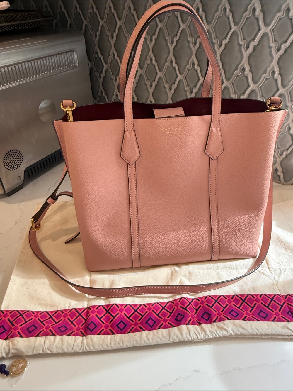 Tory Burch Pebbled Leather Tote | Blush Pink | Crossbody Strap | Perry Style - Picture 11 of 12